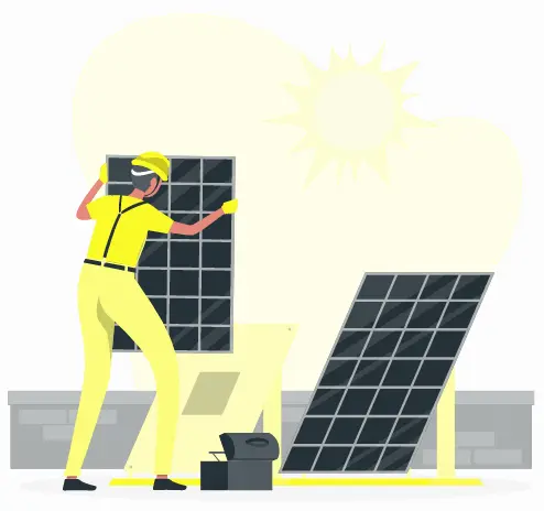 Illustration of a man installing solar panels on a roof.